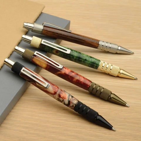 Set Of 5 DuraClick EDC Ballpoint Pen Woodturning Kits with varied pen designs on wooden surface.
