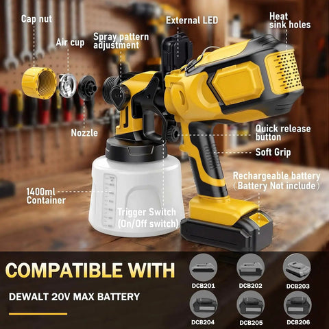 Cordless paint sprayer with 1400ml container, adjustable nozzle, external LED, and soft grip, perfect for home projects.