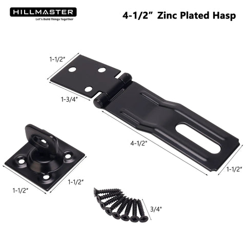 Heavy Duty Swivel Staple Hasps With Twist Knob Padlock Clasp Secures Gate Fence Or Barn Door Featuring Rust Proof Steel 4-1/2 inch zinc plated hasp with screws.