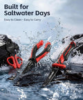 7 Piece Fishing Tools Kit With Fillet Knife Split Ring Pliers for saltwater days on rocks surrounded by splashing water