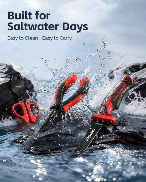 7 Piece Fishing Tools Kit With Fillet Knife Split Ring Pliers for saltwater days on rocks surrounded by splashing water