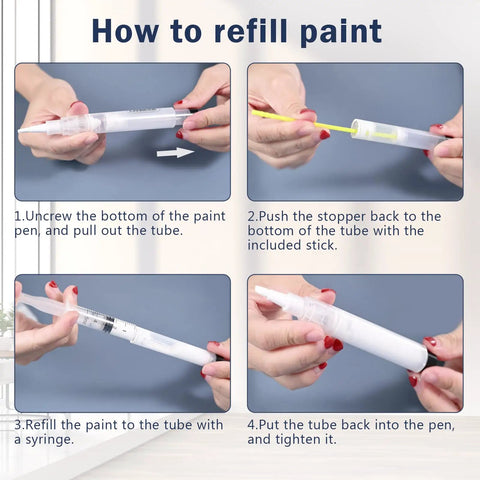 How to refill Easy Touch Up Paint Pens Refillable Wall Repair Kit with steps shown for paint pen maintenance.