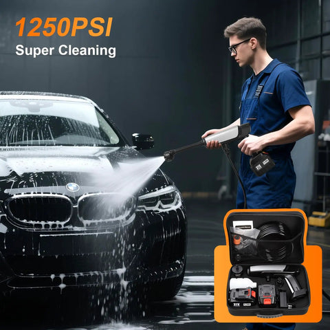 Person using Go To Battery Powered Cordless Pressure Washer with Ultra Portable Handheld Design to clean car, showing 2X 4.5Ah 21V batteries and charger.