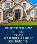 Stone house with lawn and text 'Where to use: Outdoors, on lawns, as a barrier band around home foundation'. Season Long Grub Control Granules That Kill Grubs Mole Crickets Cinch Bugs and More for All Lawn Types Create A Protective Zone All Season Long 10 lb Bag.