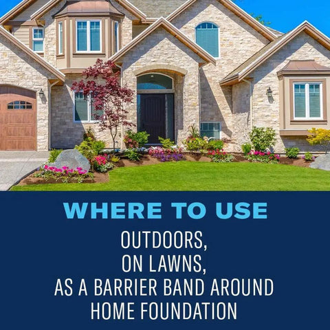 Stone house with lawn and text 'Where to use: Outdoors, on lawns, as a barrier band around home foundation'. Season Long Grub Control Granules That Kill Grubs Mole Crickets Cinch Bugs and More for All Lawn Types Create A Protective Zone All Season Long 10 lb Bag.