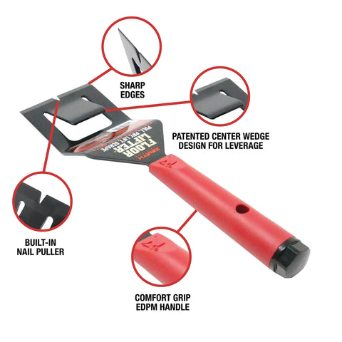 Floor Lifter Pro Demolition Tool with sharp edges, wedge design, comfort grip, and built-in nail puller for easy removals.