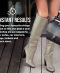 Woman in high boots holding a black handbag with text about instant results for peel and seal patches for upholstery repair.