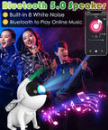 Bluetooth 5.0 speaker with built-in 8 white noise visuals and light projection featuring music app interface and artists in background.