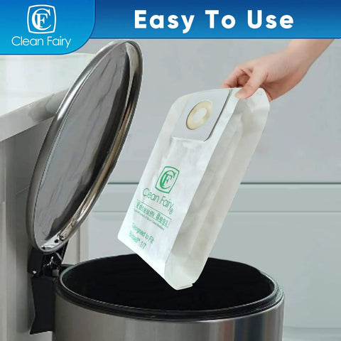 Person disposing a 20 Pack Replacement Bags Fit PowerForce Upright Vacuums Style 1 and 7 model into a trash bin.