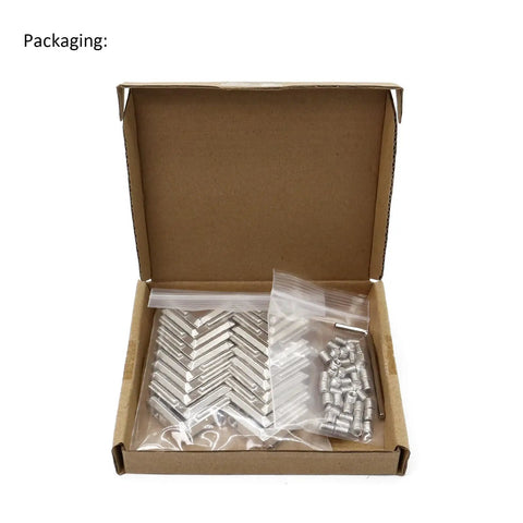 Packaging of L Shape Corner Connector Bracket Set For 20x20 Aluminum Extrusion Profiles 6mm Slot with brackets, screws, and wrench.