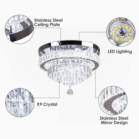 16 Inch Sleek Modern Crystal Chandelier Chrome Flush Mount Ceiling Light Fixture With Five Tiers Led For Dining Room Living Room Bedroom 6500K Cool White Energy Saving Chandelier, showcasing stainless steel and LED features