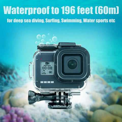 Waterproof Housing For Hero 8 Black With 4 Pack Dive Filters 60m underwater, shown in clear waters with coral background.