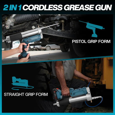 2-In-1 Cordless Grease Gun Kit With Dual Grips, 12,000 PSI High Pressure used on tractors and trucks with dual grip forms visible
