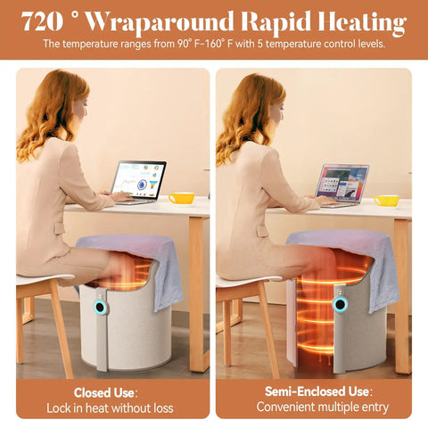 Two women using an Under Desk Space Heater for Office and Home, Quiet Electric Foot and Leg Warmer With Heated Floor Mat, one closed and one semi-enclosed.