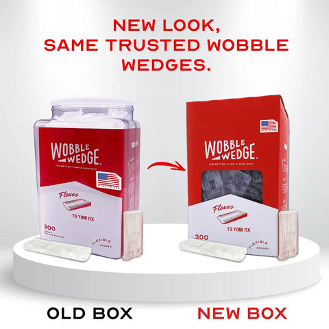 Comparison of old and new packaging for Flexible Plastic Leveling Shims For Home DIYers And Furniture Stabilizers Clear Wedges.
