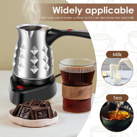 Electric Turkish Coffee Maker With Folding Handle 500Ml Stainless Steel Pot 5 To 6 Cup Capacity For Home And Travel Portable Brew Machine For Rich Aromatic Coffee with cup of coffee and chocolate on a table.