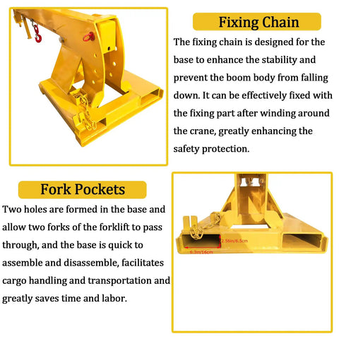Heavy Duty Forklift Telescopic Boom With Adjustable Tilt And 6600 LBS Rock Solid Mobile Crane Kit fixing chain and fork pockets features.