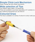 Hands using FM2027-01 Soldering Iron With Grip And Heatproof Pad For FX951 FX952 FM203 FM204 FM206 Stations with detachable grip.