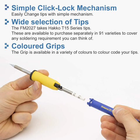 Hands using FM2027-01 Soldering Iron With Grip And Heatproof Pad For FX951 FX952 FM203 FM204 FM206 Stations with detachable grip.