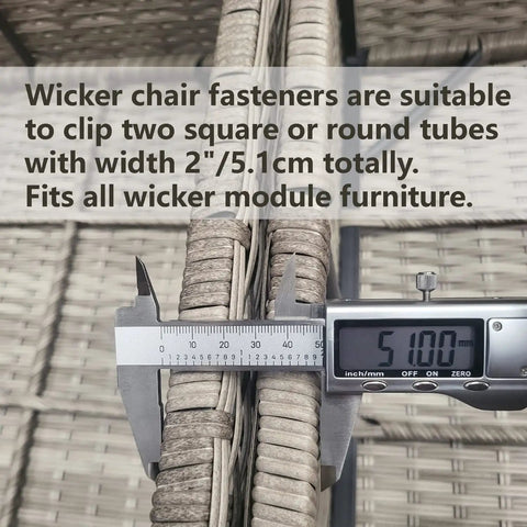 10 Piece Outdoor Patio Furniture Clips Set For Sectional Sofas And Wicker Couches Black Alignment Connectors shown with caliper measuring 5.1cm width.