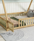 Tent Shaped Floor Bed With Guardrails And Slats For Privacy And Safe Sleep, Durable Rubber Wood And Plywood Frame With 7 Slats