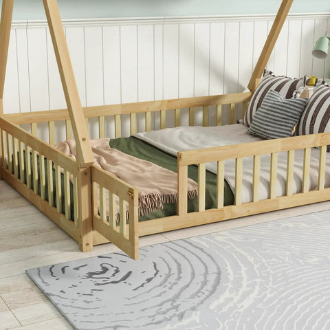 Tent Shaped Floor Bed With Guardrails And Slats For Privacy And Safe Sleep, Durable Rubber Wood And Plywood Frame With 7 Slats