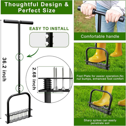 Heavy Duty Manual Lawn Aerator Tool With Fourteen Iron Spikes for quick soil aeration in your yard and garden, with T-handle and foot plate.