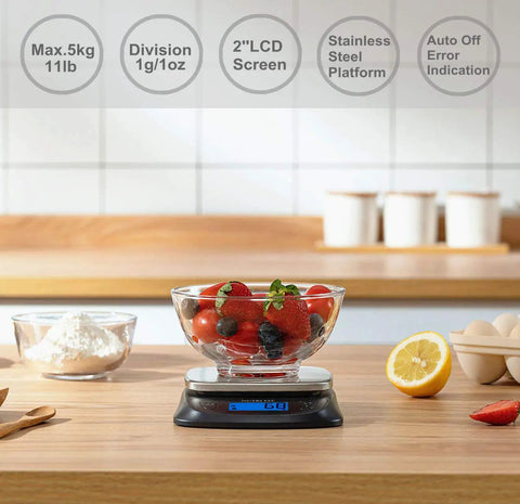 Ultra Slim Digital Kitchen Scale for Baking and Cooking, 11lb and 5kg capacity, weighing berries in glass bowl, backlit LCD