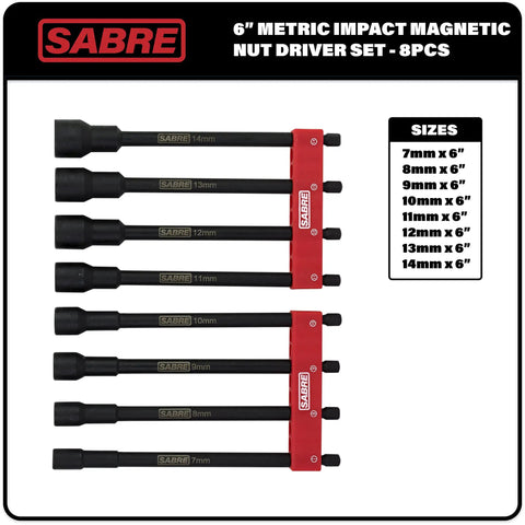 8-piece Metric Impact Magnetic Nut Driver Set with 7mm to 14mm sizes on dual storage rails