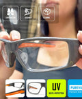 Kick Ass Full Frame Clear Safety Glasses With Smooth Sporty Fit And Badass 99 Point 9 Percent Uv Shielding For Serious Eye Coverage And All Day Grind Comfort In A 144 Pair Bulk Pack held in hand showing sleek design.