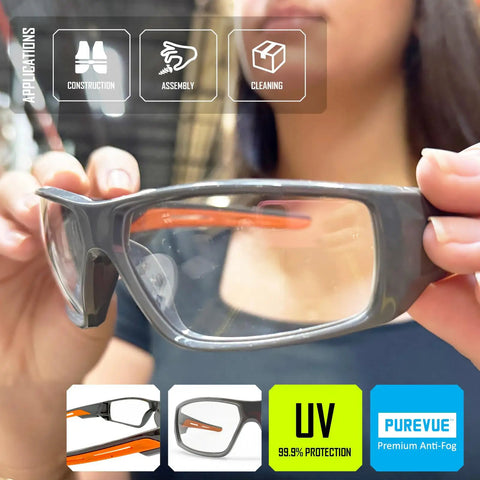 Kick Ass Full Frame Clear Safety Glasses With Smooth Sporty Fit And Badass 99 Point 9 Percent Uv Shielding For Serious Eye Coverage And All Day Grind Comfort In A 144 Pair Bulk Pack held in hand showing sleek design.