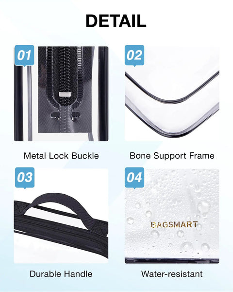 Close-up details of Clear TSA Approved Travel Toiletry Bags set showing metal lock buckle, bone support frame, handle, and water-resistant material.