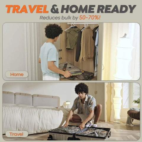 Person using Cordless Vacuum Storage Bags 20 Pack With Rechargeable Wireless Pump Portable Space Saver in closet and suitcase.