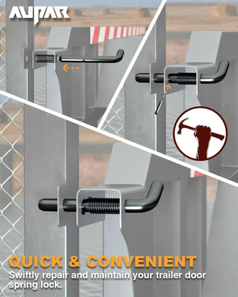 Heavy Duty Steel Trailer Gate Spring Latch Repair Kit 819T Anti Rust Black shown installed on gate with tool in action.