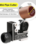 Front view of Spurtar mini pipe cutter tool; black metal body with silver cutting wheel and knurled knob