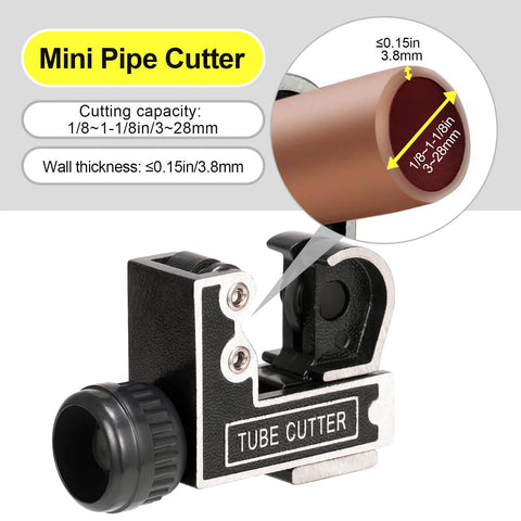 Front view of Spurtar mini pipe cutter tool; black metal body with silver cutting wheel and knurled knob