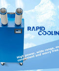 Heavy Duty 220 Volt Industrial Air Conditioner Featuring 18700 Btu Cooling Output And Hella Rapid Airflow To Beat Roasting Temps Indoors Or Outdoors Effortlessly, blue portable unit with dual exhausts.