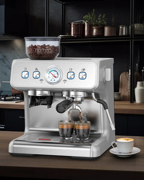 Freshly Ground Coffee Built-In Grinder and espresso machine brewing two shots, with grinder on top and cappuccino cup nearby.