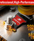 Game Changing TiCN Carbide Oscillating Saw Blades 3 Pack cutting through a bolt, showing sparks on metal surface.