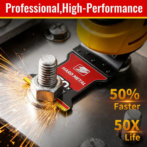 Game Changing TiCN Carbide Oscillating Saw Blades 3 Pack cutting through a bolt, showing sparks on metal surface.