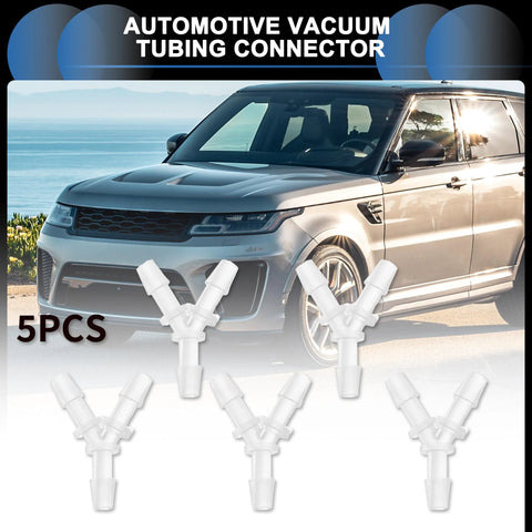 Front view of five translucent plastic 1/8" automotive vacuum Y-connector fittings (3-way)