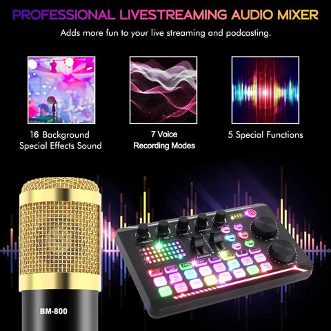 Comprehensive Podcast Gear Bundle With BM-800 Microphone Gold and F998 Audio Interface highlighting features and design.