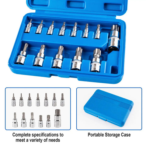 13 Piece Torx Socket Set T8 To T60 With One Quarter Inch Three Eighth Inch And One Half Inch Drives S2 Steel And CRV Construction Built