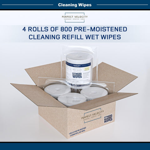 Pro Grade Gym Equipment Wipes Refill Pack Four Rolls Of Eight Hundred Pre Moistened Cleaning Wet Wipes for easy dispensing.