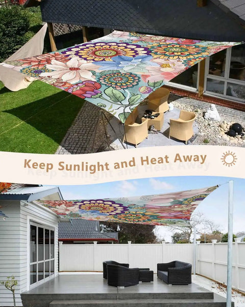 Boho Floral 8x10 Ft Sun Shade Sail Canopy Patio Ready Backyard Friendly Garden Deck Porch Outdoor Shade Cloth Waterproof UV Block With Sturdy Seams And Tear Resistant Construction