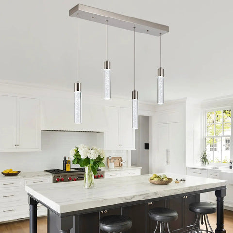 Crystal Bubble 4 Light Pendant For Kitchen Island, Lit Modern Brushed Nickel Ceiling Fixture, 32W Premium LED, 6000K Daylight