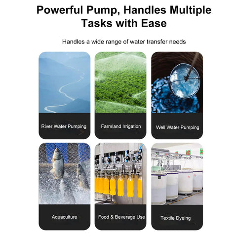 Powerful pump for water tasks with ease; river pumping, irrigation, aquaculture, and textile dyeing applications.