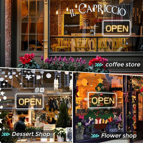 LED Open Sign With USB Power 5V COB Chip Lit Neon Look 16 By 9 Inch Energy Efficient Open Sign mounted on shop windows