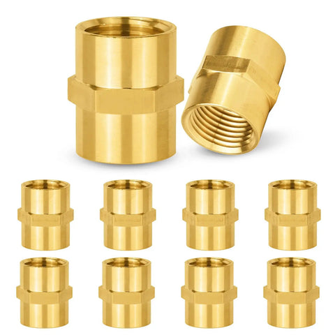 Ten Pack Brass Pipe Fittings Coupling One Half Inch NPT Female To One Half Inch NPT Female, corrosion-resistant, durable brass.