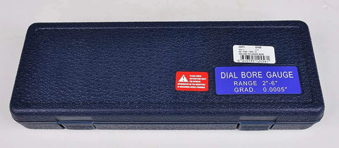 Fowler dial bore gauge case, blue plastic, 2–6 in range label